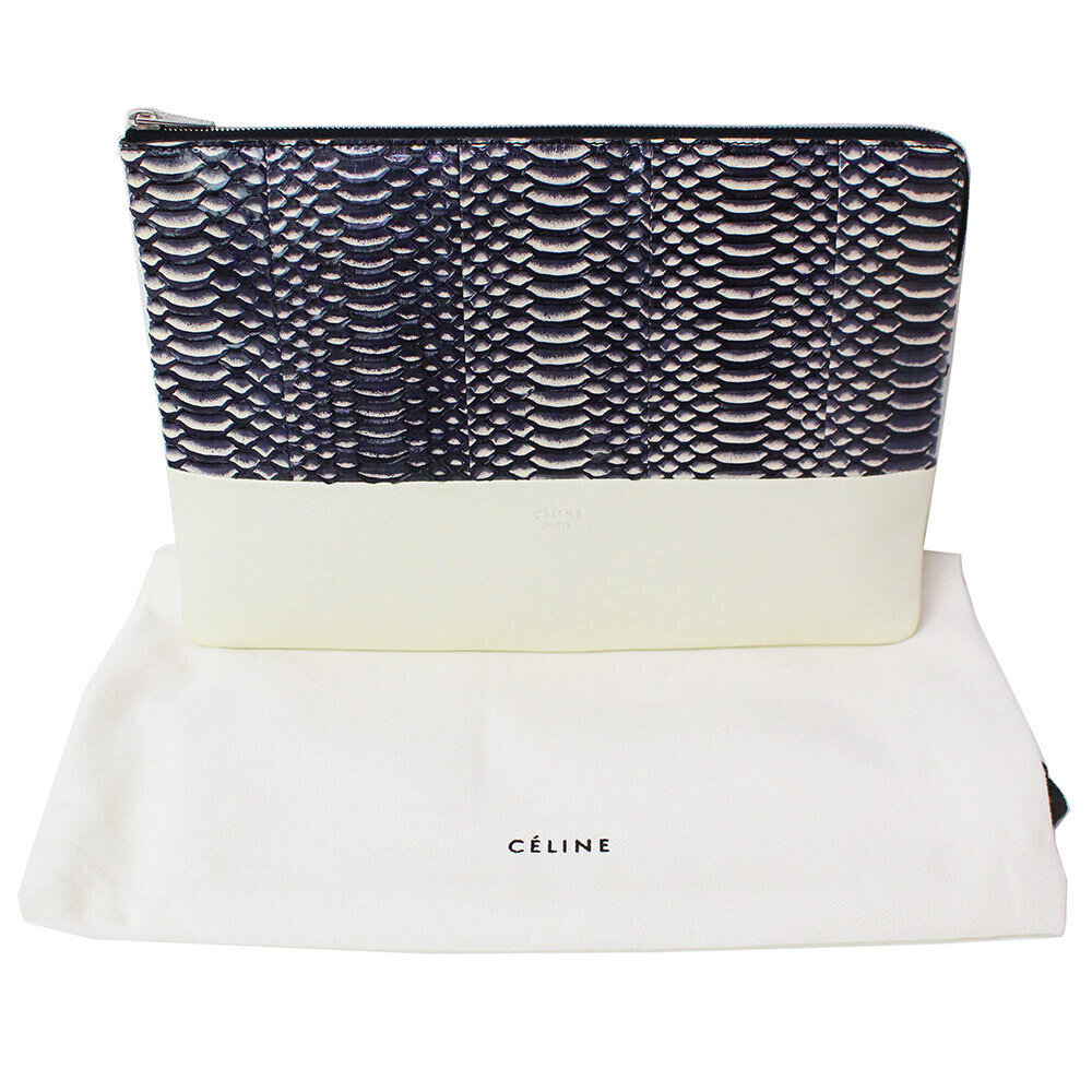 Celine Solo Clutch Pouch Bag two tone lambskin leather snakeskin python white - Picture 2 of 10